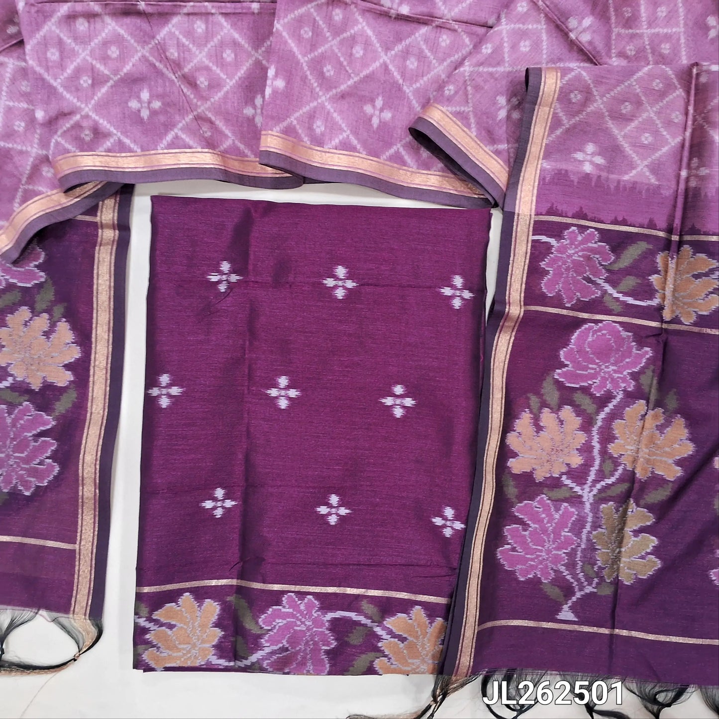 Dark beetroot purple premium silk unstitched salwar material, thread weaving all over and daman,(light weight,lining needed)NO BOTTOM,rich weaving on premium silk dupatta with pallu and tissue borders. JL262501