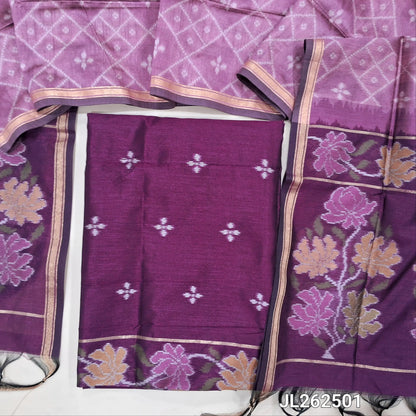 Dark beetroot purple premium silk unstitched salwar material, thread weaving all over and daman,(light weight,lining needed)NO BOTTOM,rich weaving on premium silk dupatta with pallu and tissue borders. JL262501