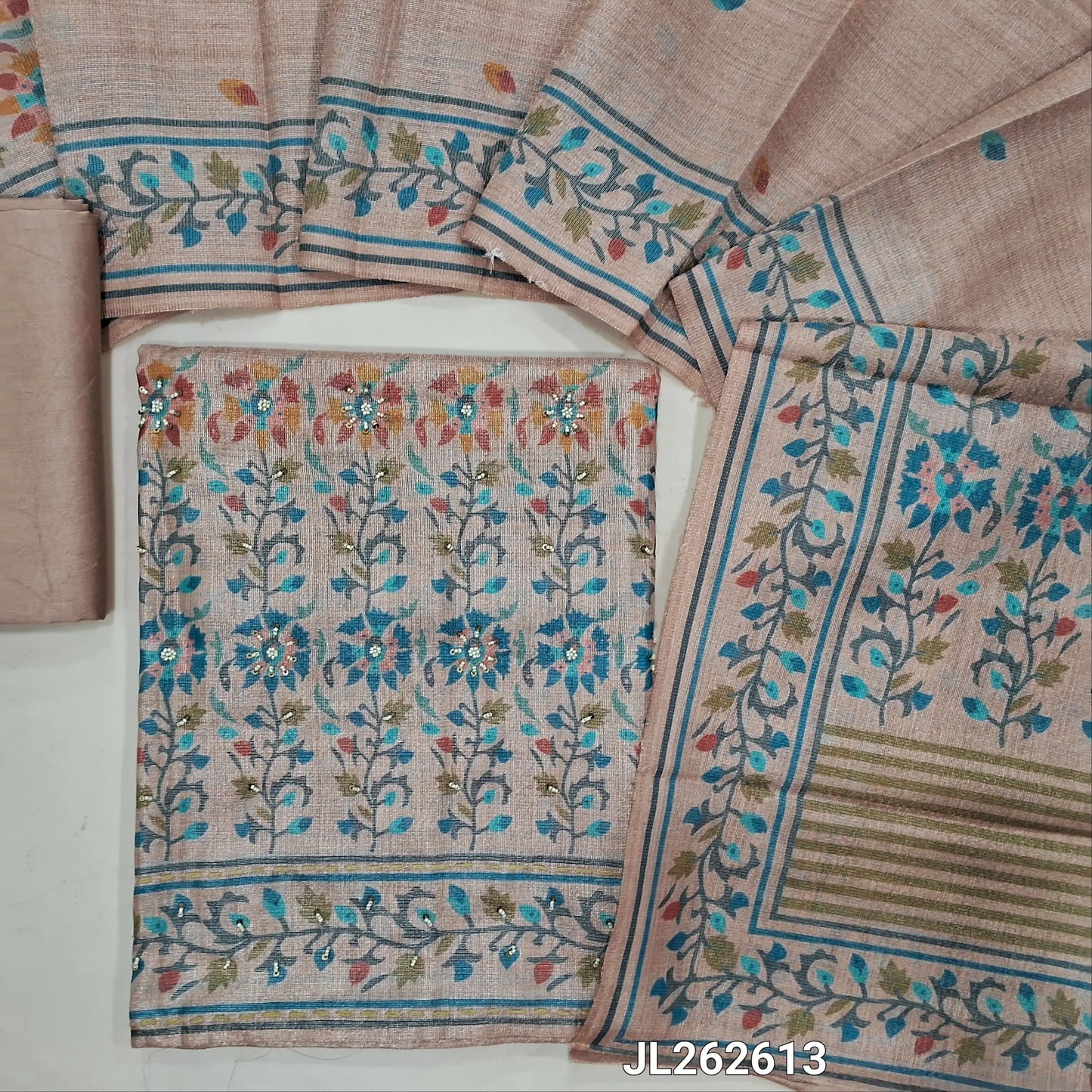 Dark beige with golden tint tissue silk cotton unstitched salwar material, digital printed with sugar bead and sequins on daman, (Lining needed)silky bottom, digital printed tissue silk cotton dupatta with pallu. JL262613