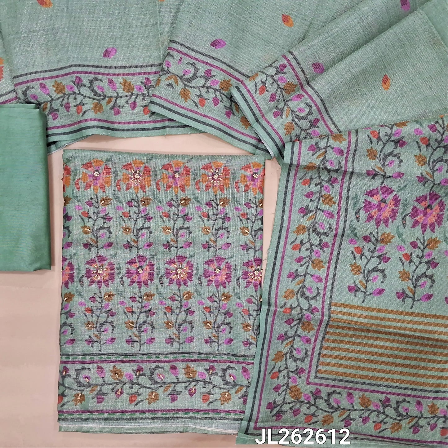 Pastel blue with golden tint tissue silk cotton unstitched salwar material, digital printed with sugar bead and sequins on daman, (Lining needed)silky bottom, digital printed tissue silk cotton dupatta with pallu. JL262612