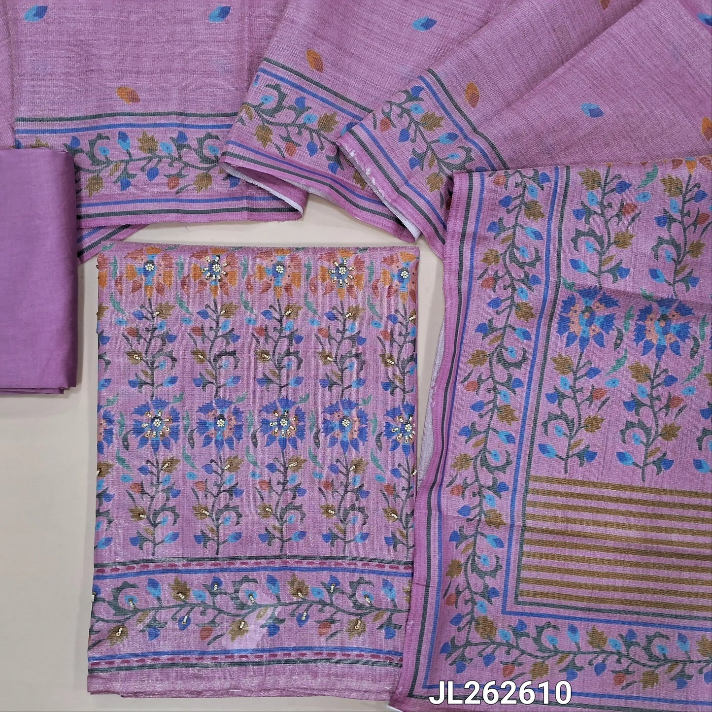 Lotus pink with golden tint tissue silk cotton unstitched salwar material, digital printed with sugar bead and sequins on daman, (Lining needed)silky bottom, digital printed tissue silk cotton dupatta with pallu. JL262610