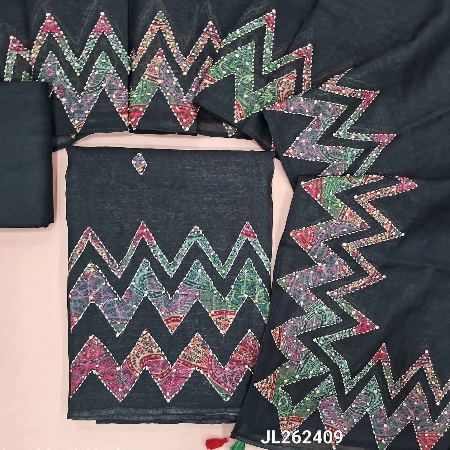 Designer black linen salwar material, V neck with embroidery on yoke,digital zig zag printed and kantha stitch on daman,(textured, lining needed)santoon bottom, premium linen with zig zag design with kantha stitch. JL262609