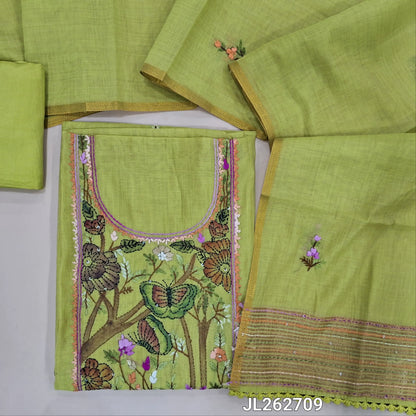 Pastel green premium muga silk cotton unstitched salwar material, brush paint with rich hand embroidery work on yoke,embroidery on front,(lining needed)santoon bottom, hand embroidery work on muga silk cotton dupatta with tissue borders. JL262709
