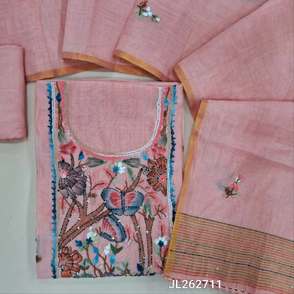 Peachish pink premium muga silk cotton unstitched salwar material, brush paint with rich hand embroidery work on yoke,embroidery on front,(lining needed)santoon bottom, hand embroidery work on muga silk cotton dupatta with tissue borders. JL262711