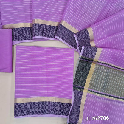 Purplish pink silk cotton unstitched salwar material,thread woven lines all over, thread woven daman,(lining needed)thin silk cotton fabric provided for lining, NO BOTTOM, silk cotton dupatta with gold tissue pallu and thread woven borders. JL262706