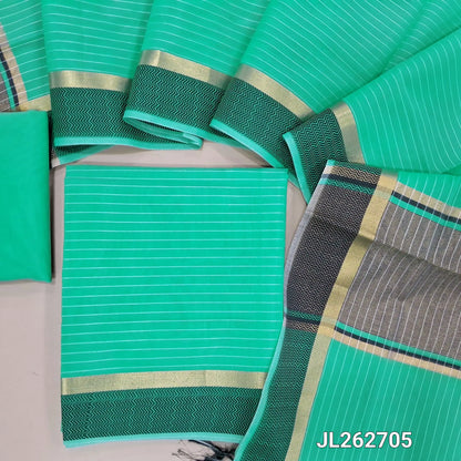 Turquoise green silk cotton unstitched salwar material,thread woven lines all over, thread woven daman,(lining needed)thin silk cotton fabric provided for lining, NO BOTTOM, silk cotton dupatta with gold tissue pallu and thread woven borders. JL262705