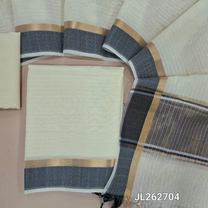 Off white silk cotton unstitched salwar material,thread woven lines all over, thread woven daman,(lining needed)thin silk cotton fabric provided for lining, NO BOTTOM, silk cotton dupatta with gold tissue pallu and thread woven borders. JL262704