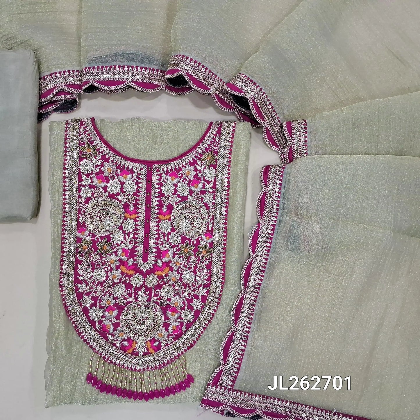 Designer golden beige crinckled tissue silk unstitched salwar material,contrast yoke with zarodzi, sequins and zariwork(shiny, Lining Needed)silky bottom, crinkled tissue silk dupatta with zari and sequins scallop borders. JL262701