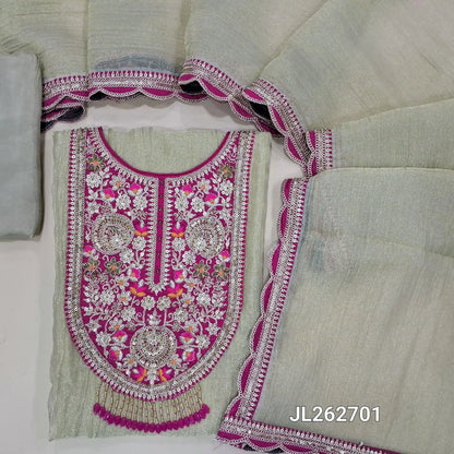 Designer golden beige crinckled tissue silk unstitched salwar material,contrast yoke with zarodzi, sequins and zariwork(shiny, Lining Needed)silky bottom, crinkled tissue silk dupatta with zari and sequins scallop borders. JL262701