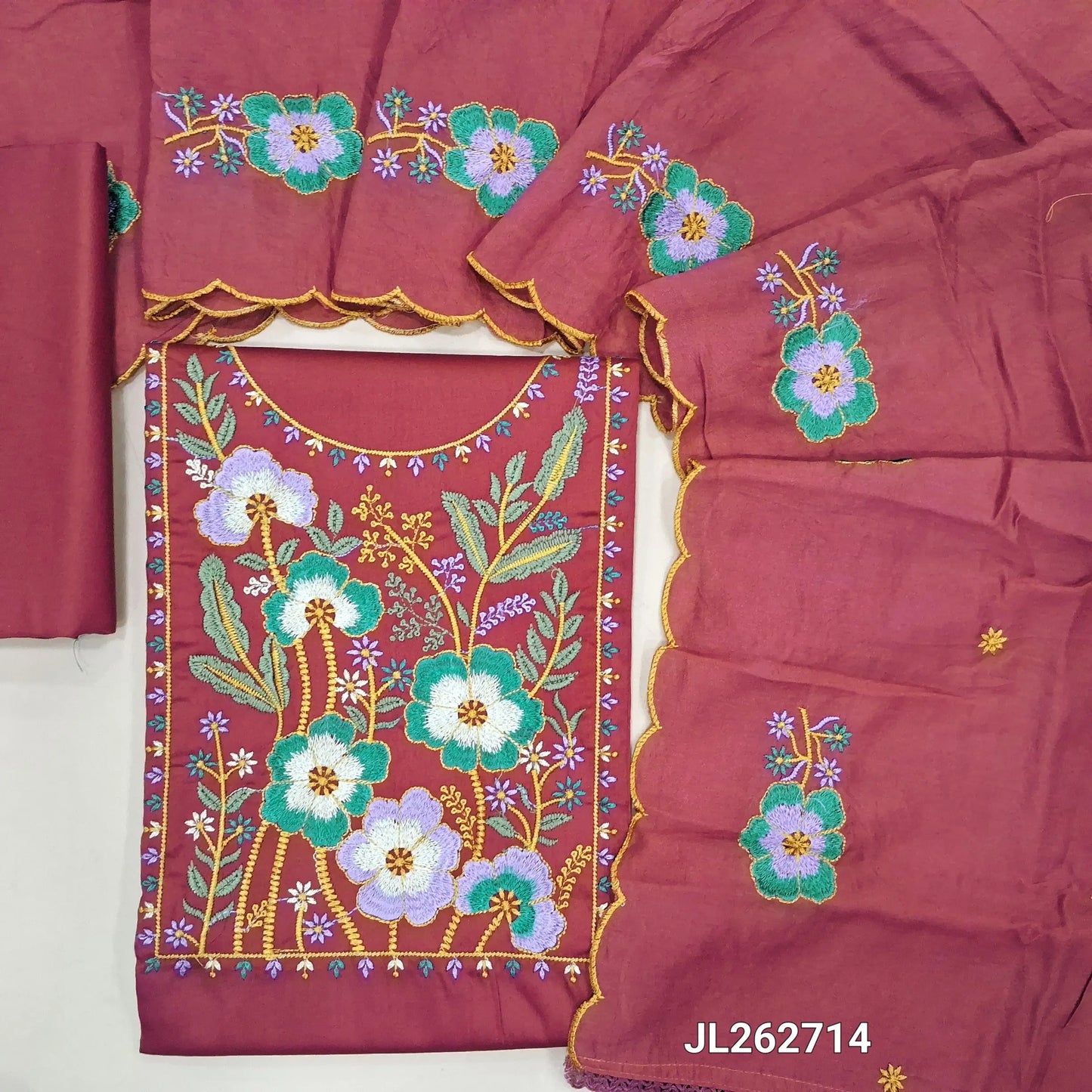 Dark onion pink glazed cotton unstitched salwar material,thread embroidery work on yoke,(soft ,lining optional) matching cotton bottom, floral embroidery work on short width soft silk cotton dupatta with cutwork edges. JL262714