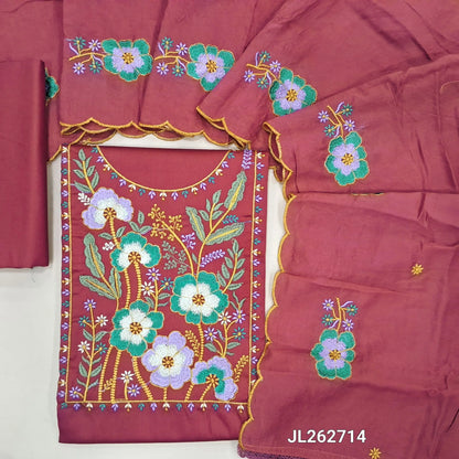 Dark onion pink glazed cotton unstitched salwar material,thread embroidery work on yoke,(soft ,lining optional) matching cotton bottom, floral embroidery work on short width soft silk cotton dupatta with cutwork edges. JL262714