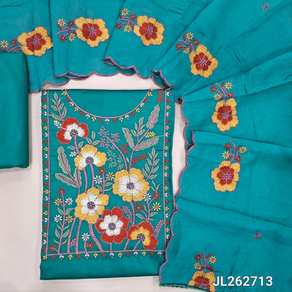 Light turquoise blue  glazed cotton unstitched salwar material,thread embroidery work on yoke,(soft ,lining optional) matching cotton bottom, floral embroidery work on short width soft silk cotton dupatta with cutwork edges. JL262713