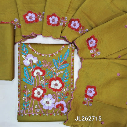 Mehandhi green glazed cotton unstitched salwar material,thread embroidery work on yoke,(soft ,lining optional) matching cotton bottom, floral embroidery work on short width soft silk cotton dupatta with cutwork edges. JL262715