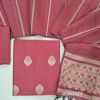 Pink silk cotton unstitched salwar material, thread woven buttas all over,(lining needed)silk cotton bottom, weaving on silk cotton dupatta with thread woven pallu. JL262922