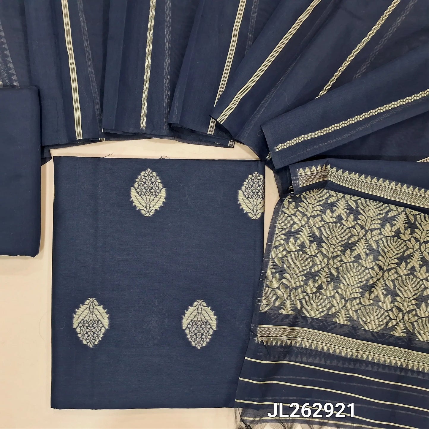 Dark blue silk cotton unstitched salwar material, thread woven buttas all over,(lining needed)silk cotton bottom, weaving on silk cotton dupatta with thread woven pallu. JL262921
