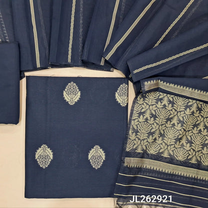Dark blue silk cotton unstitched salwar material, thread woven buttas all over,(lining needed)silk cotton bottom, weaving on silk cotton dupatta with thread woven pallu. JL262921