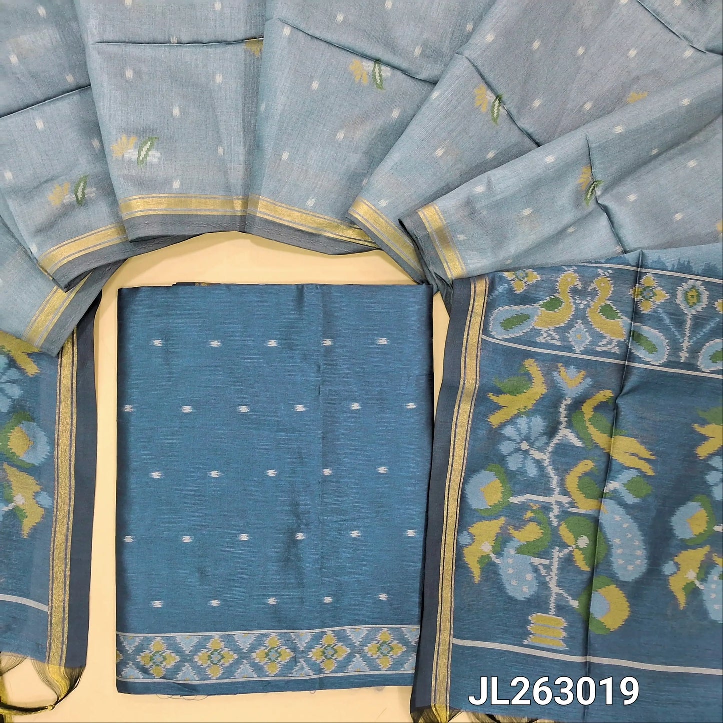 Blueish grey premium silk unstitched salwar material, thread weaving all over and daman,(light weight,lining needed)NO BOTTOM,rich weaving on premium silk dupatta with pallu and tissue borders. JL263019