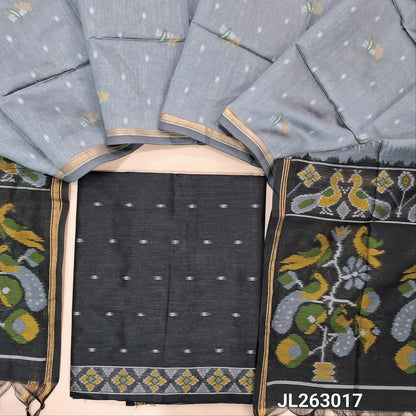 Black premium silk unstitched salwar material, thread weaving all over and daman,(light weight,lining needed)NO BOTTOM,rich weaving on premium silk dupatta with pallu and tissue borders. JL263017