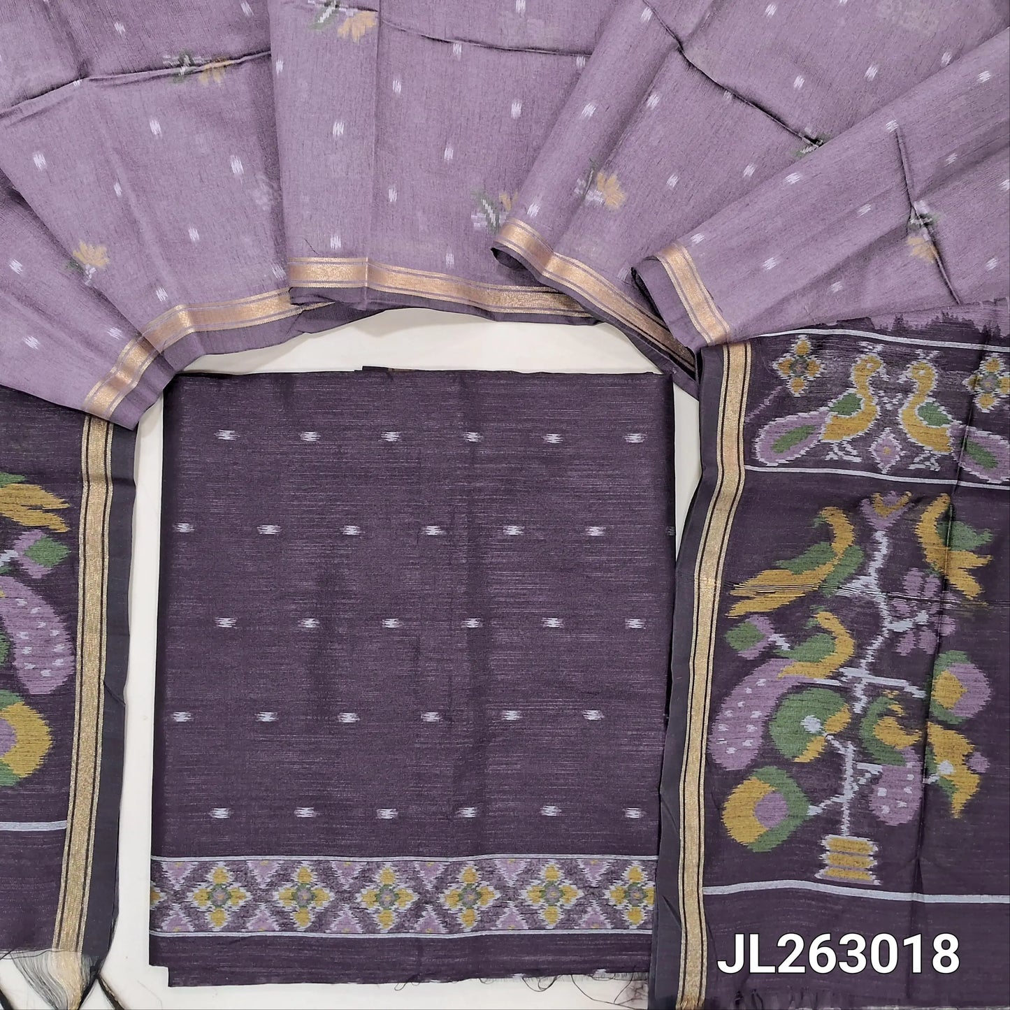 Coffee brown premium silk unstitched salwar material, thread weaving all over and daman,(light weight,lining needed)NO BOTTOM,rich weaving on premium silk dupatta with pallu and tissue borders. JL263018