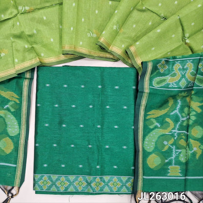 Emerald green premium silk unstitched salwar material, thread weaving all over and daman,(light weight,lining needed)NO BOTTOM,rich weaving on premium silk dupatta with pallu and tissue borders. JL263016