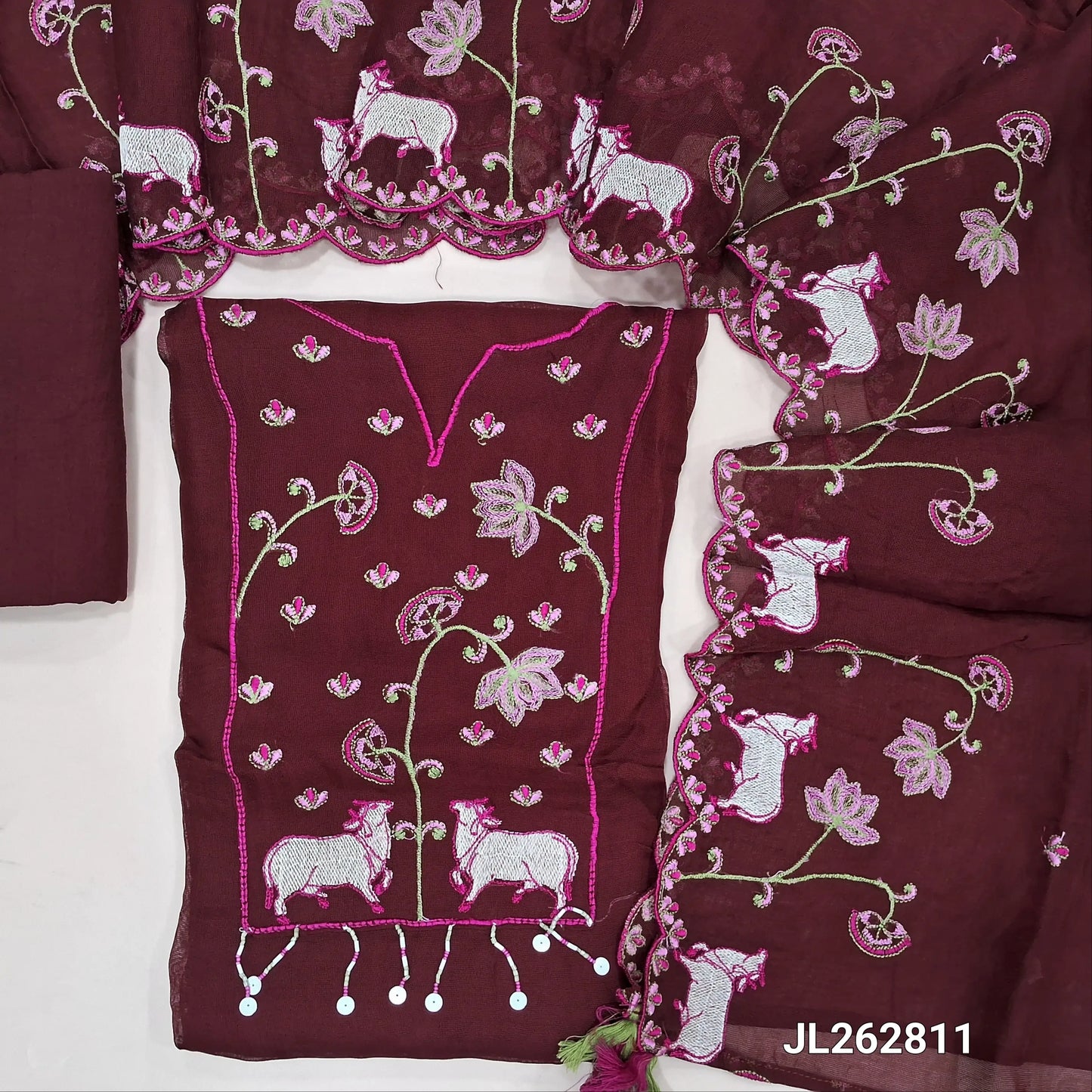 Dark maroon premium viscous organza unstitched salwar material,round notch neck with thread embroidery work and daman,(thin, lining needed)santoon bottom, viscous organza dupatta with embroidery work and scallop borders. JL262811
