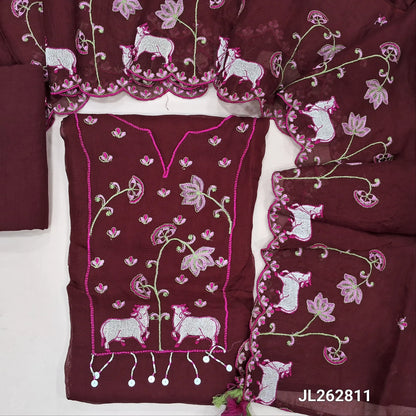 Dark maroon premium viscous organza unstitched salwar material,round notch neck with thread embroidery work and daman,(thin, lining needed)santoon bottom, viscous organza dupatta with embroidery work and scallop borders. JL262811