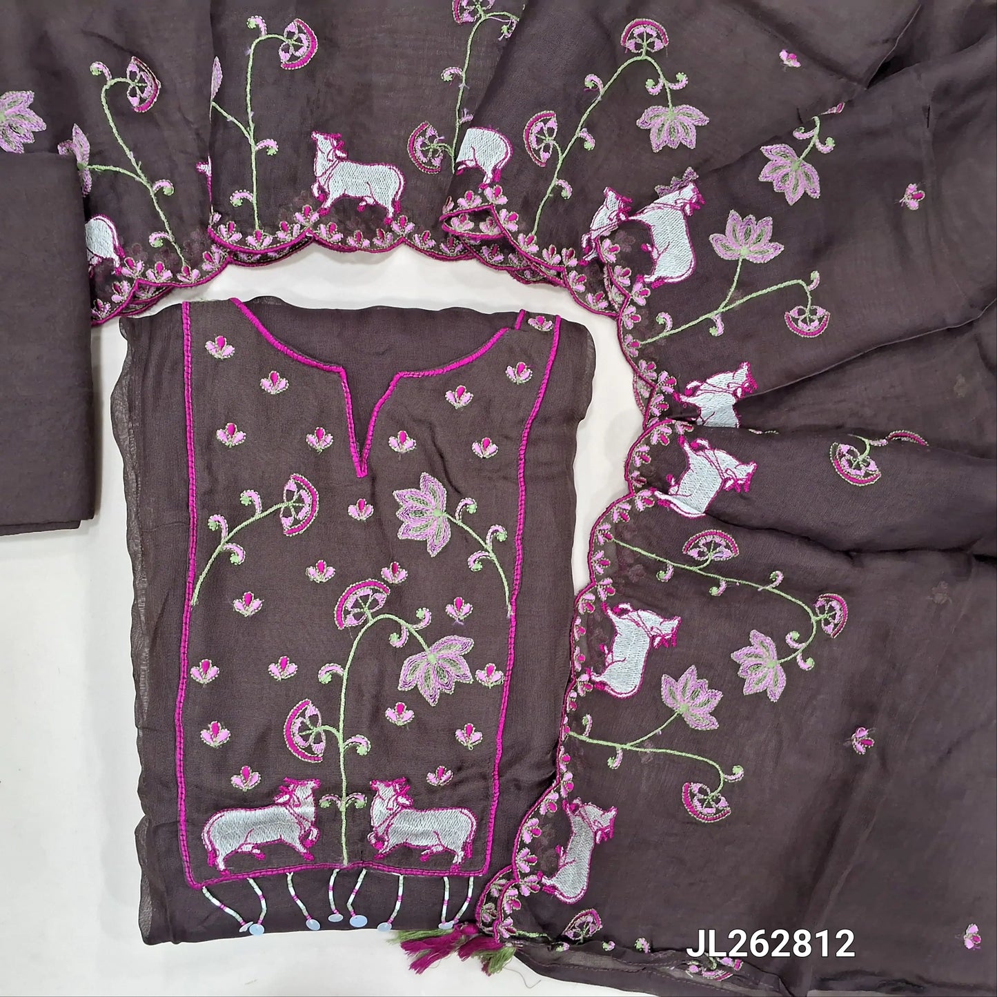 Dark brown premium viscous organza unstitched salwar material,round notch neck with thread embroidery work and daman,(thin, lining needed)santoon bottom, viscous organza dupatta with embroidery work and scallop borders. JL262812