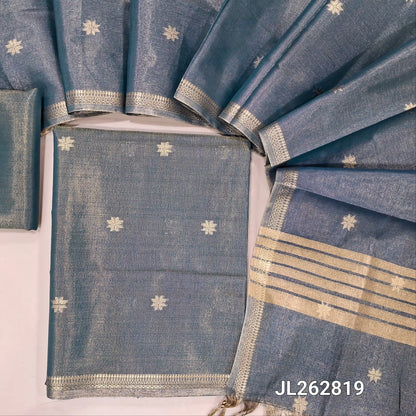 Blue with golden tint tissue silk cotton unstitched salwar material, zari buttas all over, zari daman borders, (silky, lining needed)tissue silk cotton bottom, zari buttas on tissue silk cotton dupatta with zari borders. JL262819