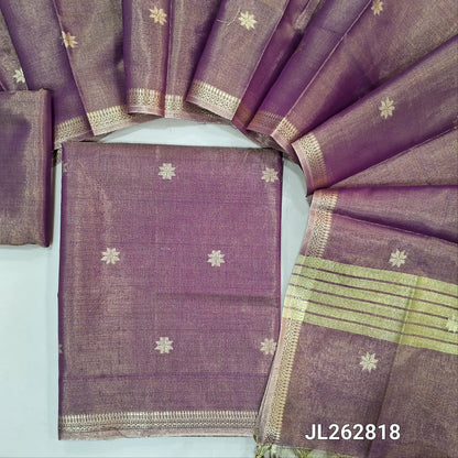 Pink with golden tint tissue silk cotton unstitched salwar material, zari buttas all over, zari daman borders, (silky, lining needed)tissue silk cotton bottom, zari buttas on tissue silk cotton dupatta with zari borders. JL262818