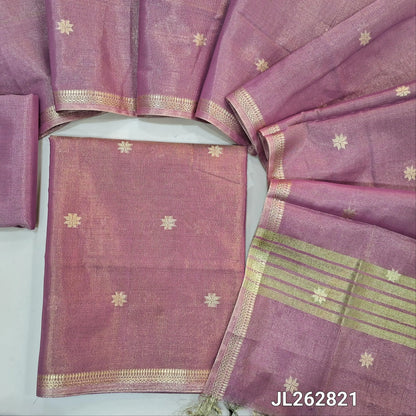 Light pink with golden tint tissue silk cotton unstitched salwar material, zari buttas all over, zari daman borders, (silky, lining needed)tissue silk cotton bottom, zari buttas on tissue silk cotton dupatta with zari borders. JL262821