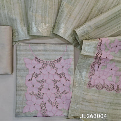 Rich beige with golden tint tissue silk cotton unstitched salwar material, (PEACHISH PINK)applique and cutwork on yoke,(lining needed)silk cotton bottom, tissue silk cotton dupatta with applique and cutwork pallu and zari borders. JL263004