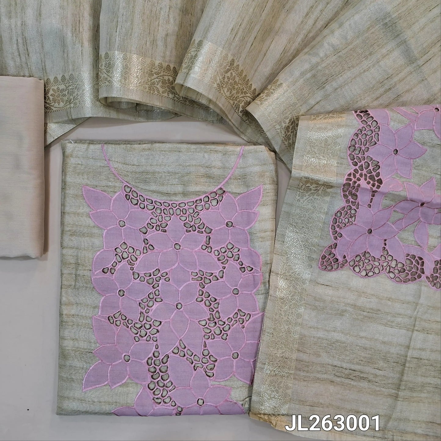 Rich beige with golden tint tissue silk cotton unstitched salwar material, (PASTEL PINK)applique and cutwork on yoke,(lining needed)silk cotton bottom, tissue silk cotton dupatta with applique and cutwork pallu and zari borders. JL263001