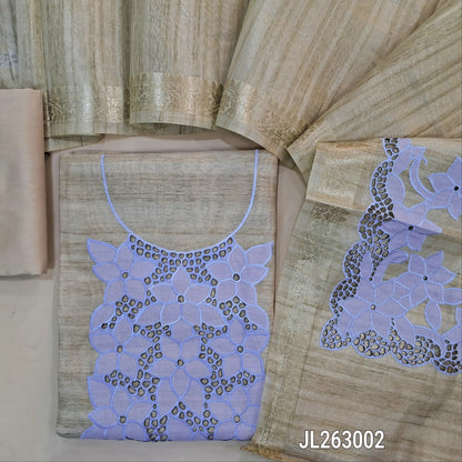 Rich beige with golden tint tissue silk cotton unstitched salwar material, (PASTEL BLUE)applique and cutwork on yoke,(lining needed)silk cotton bottom, tissue silk cotton dupatta with applique and cutwork pallu and zari borders. JL263002