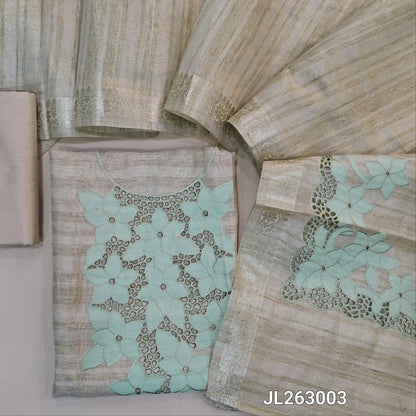 Rich beige with golden tint tissue silk cotton unstitched salwar material, (PASTEL GREEN)applique and cutwork on yoke,(lining needed)silk cotton bottom, tissue silk cotton dupatta with applique and cutwork pallu and zari borders. JL263003