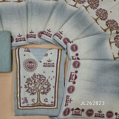 Light blueish grey pure linen unstitched salwar material,warli printed yoke(lining needed)cotton fabric for lining , NO BOTTOM,linen dupatta with warli printed borders. JL262823
