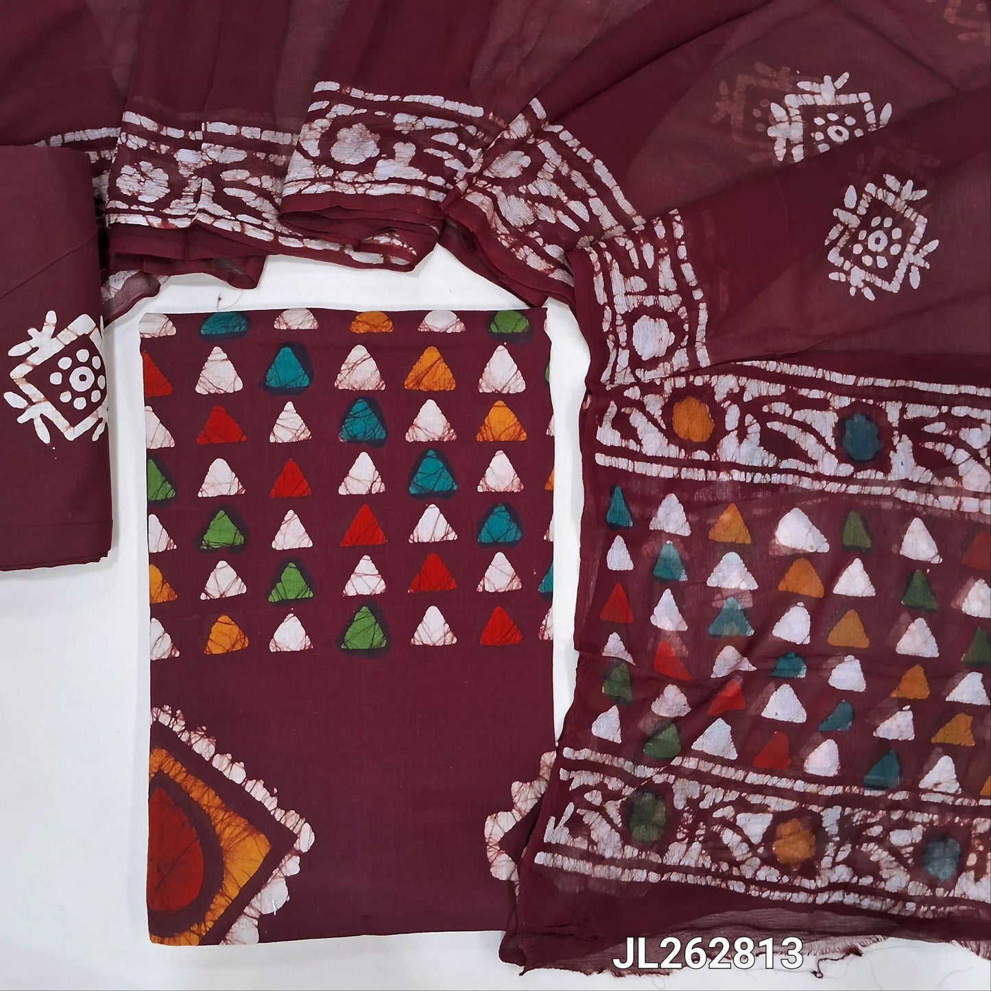 Reddish maroon multicolored wax batik dyed pure cotton unstitched salwar material,(lining needed)batik cotton bottom, batik design on pure chiffon dupatta. JL262813