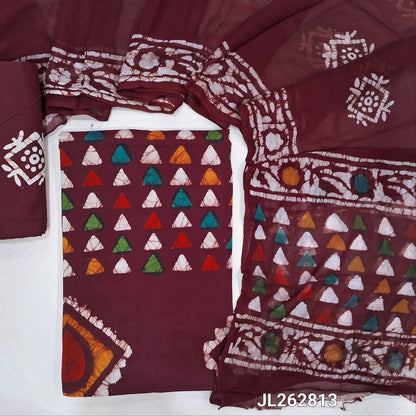Reddish maroon multicolored wax batik dyed pure cotton unstitched salwar material,(lining needed)batik cotton bottom, batik design on pure chiffon dupatta. JL262813