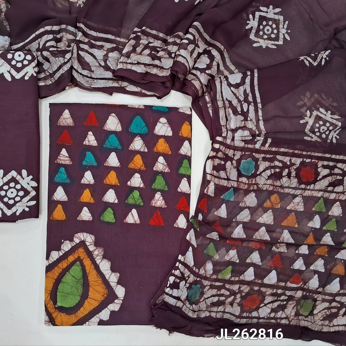 Dark maroon multicolored wax batik dyed pure cotton unstitched salwar material,(lining needed)batik cotton bottom, batik design on pure chiffon dupatta. JL262816