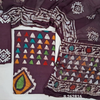 Dark maroon multicolored wax batik dyed pure cotton unstitched salwar material,(lining needed)batik cotton bottom, batik design on pure chiffon dupatta. JL262816