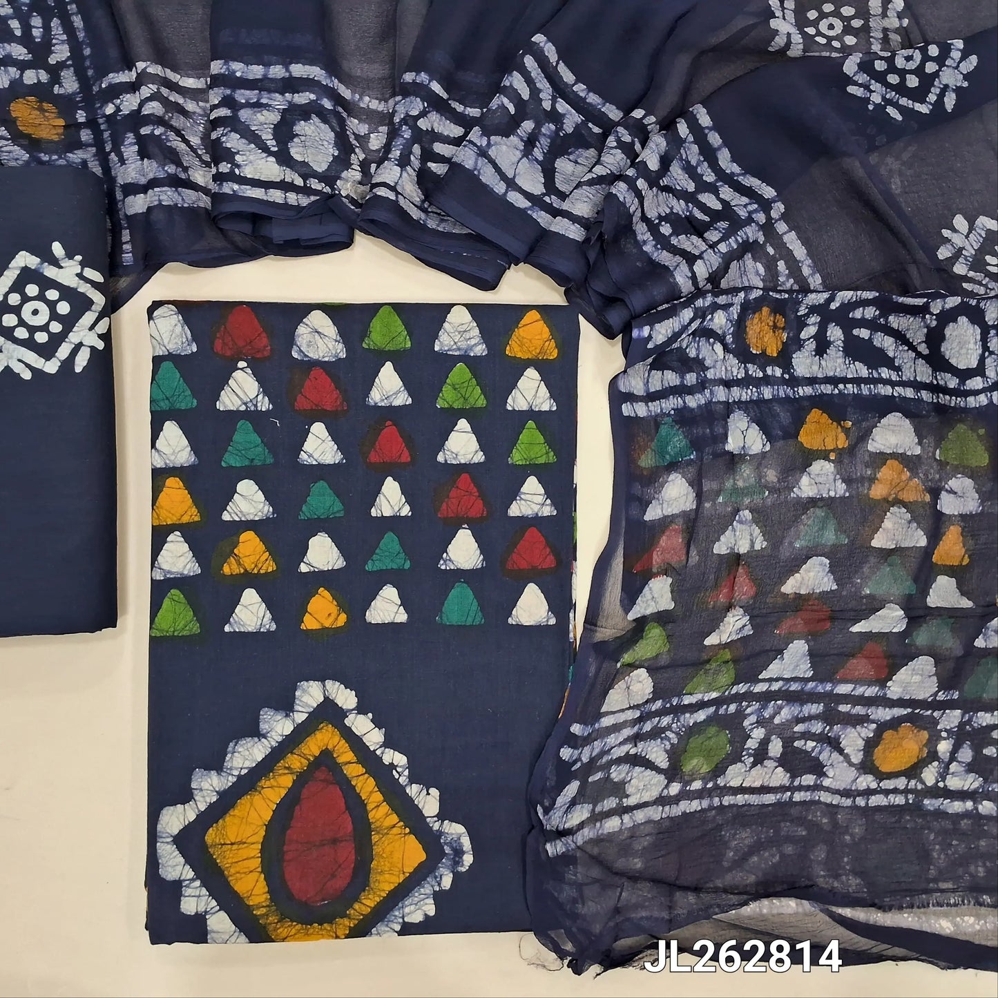 Dark blue multicolored wax batik dyed pure cotton unstitched salwar material,(lining needed)batik cotton bottom, batik design on pure chiffon dupatta. JL262814