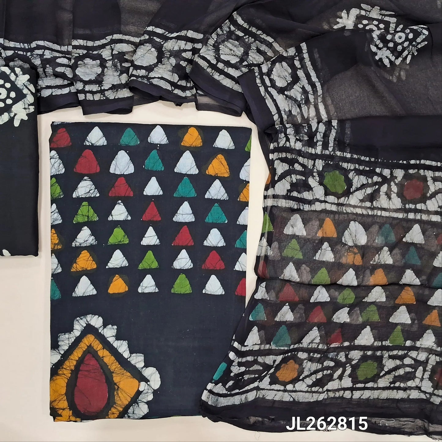 Black multicolored wax batik dyed pure cotton unstitched salwar material,(lining needed)batik cotton bottom, batik design on pure chiffon dupatta. JL262815