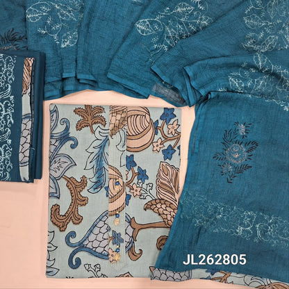 Pastel blue cotton unstitched salwar material,fancy buttons on yoke,printed all over(lining optional)bloc printed teal blue cotton bottom,block printed fancy kota dupatta with tapping. JL262805