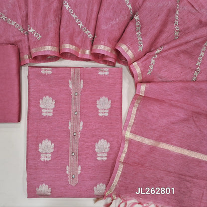 Pink slub silk unstitched salwar material,benarasi zari woven all over, simple yoke, (lining needed)silky bottom, zari embroidery onslub silk dupatta with tissue borders. JL262801