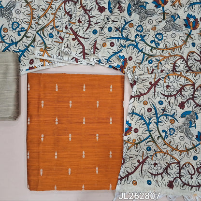 Rust orange slub silk cotton unstitched salwar material, thread woven buttas all over,(textured,lining needed)beige silk cotton bottom, floral and peacock printed jute cotton dupatta. JL262807