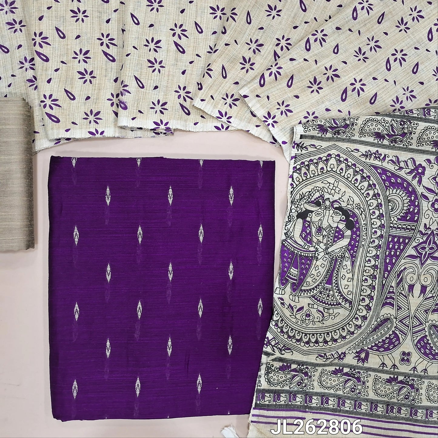 Dark purple slub silk cotton unstitched salwar material, thread woven buttas all over,(textured,lining needed)beige silk cotton bottom, madhubani printed jute cotton dupatta. JL262806