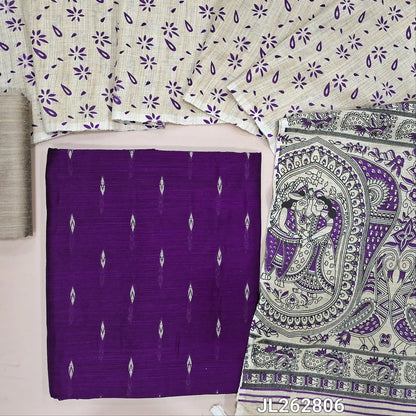 Dark purple slub silk cotton unstitched salwar material, thread woven buttas all over,(textured,lining needed)beige silk cotton bottom, madhubani printed jute cotton dupatta. JL262806