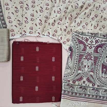 Pinkish maroon slub silk cotton unstitched salwar material, thread woven buttas all over,(textured,lining needed)beige silk cotton bottom, madhubani printed jute cotton dupatta. JL262808