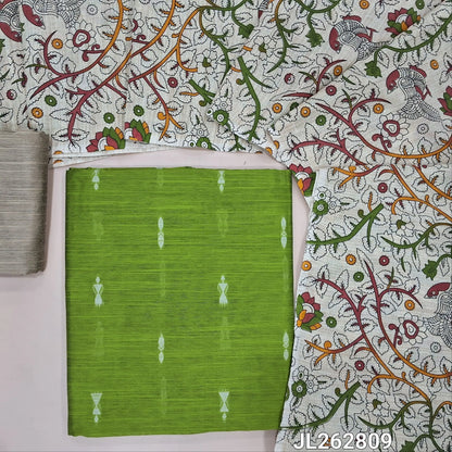Green slub silk cotton unstitched salwar material, thread woven buttas all over,(textured,lining needed)beige silk cotton bottom, floral and peacock printed jute cotton dupatta. JL262809