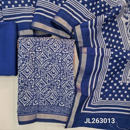 Dark blue silk cotton unstitched salwar material,batik design all over,zari borders,(lining needed)spun cotton bottom,printed full length soft silk cotton dupatta with tissue borders. JL263013
