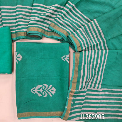 Turquoise green original wax batik chanderi silk cotton unstitched salwar material, gold tissue borders,(Lining Needed)cotton bottom, batik design on chanderi silk cotton dupatta. JL262905